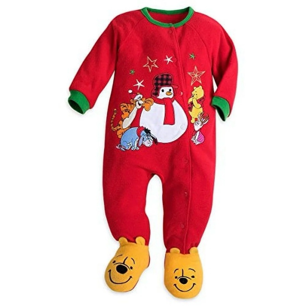 Disney Red footie pjs Pooh Eeyore piglet‎ tigger snowman size 9-12 Christmas
